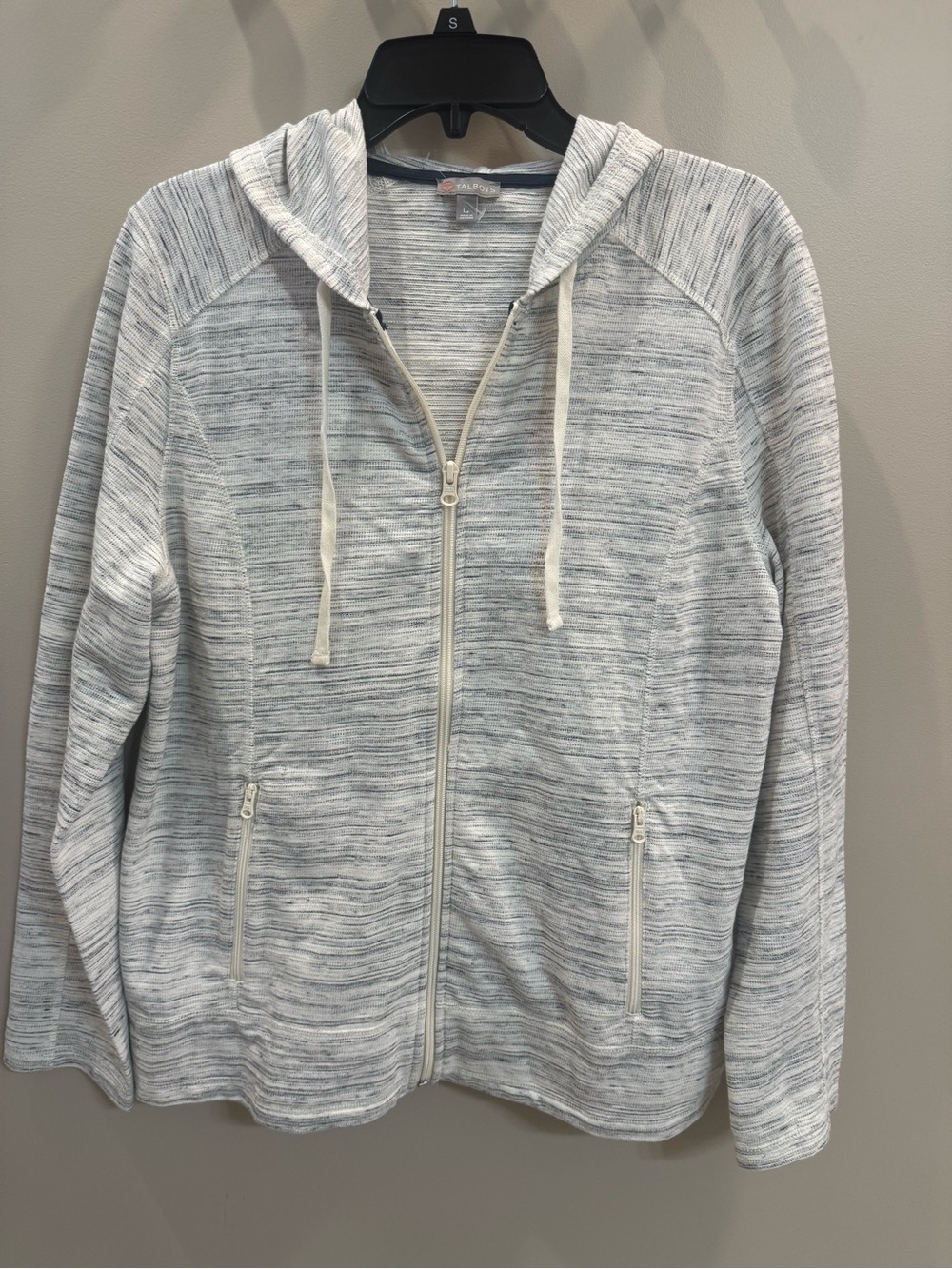 Talbots Heathered Light Gray Zip Hoodie Jacket, zippered pockets